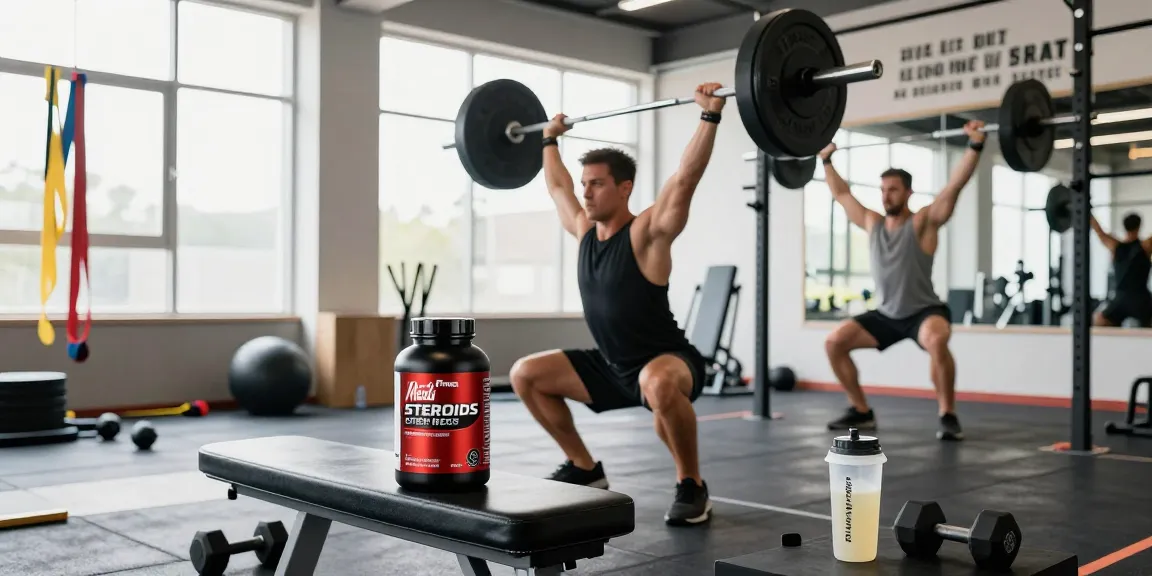 Medi Pharma Steroids featured in a vibrant gym scene with an athlete performing weightlifting exercises.