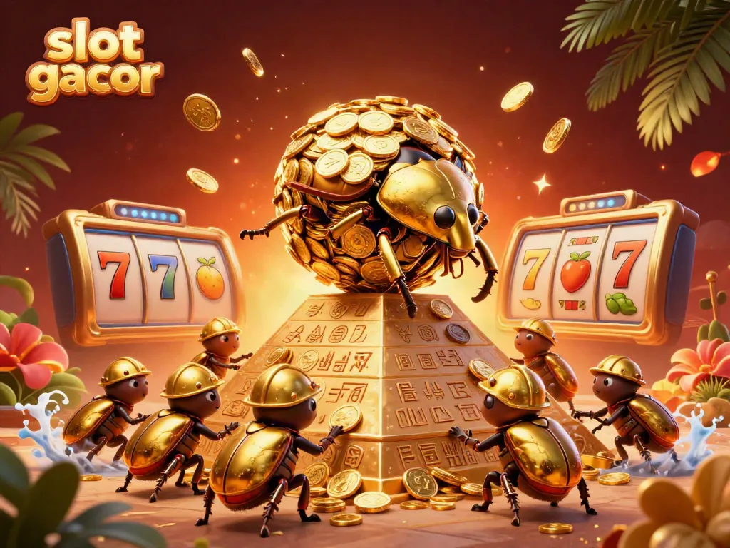 Visualisasi slot gacor dengan kumbang emas dan simbol kasino di latar belakang yang menarik.