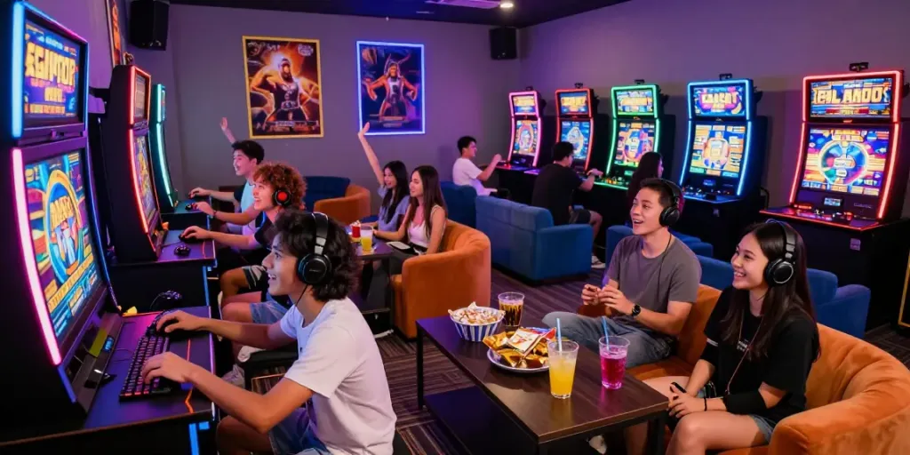 Group enjoying slot gacor gameplay in a vibrant gaming lounge.