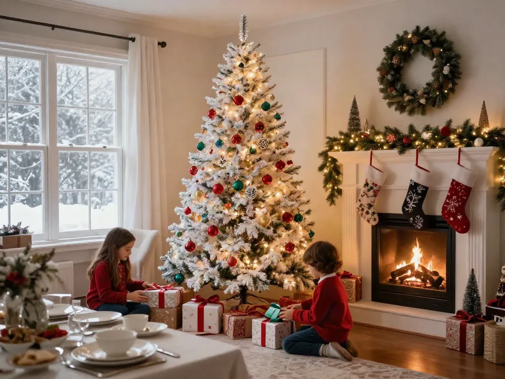 A charming winter living room with a white colorful Christmas tree, festive decorations, and a family unwrapping gifts.