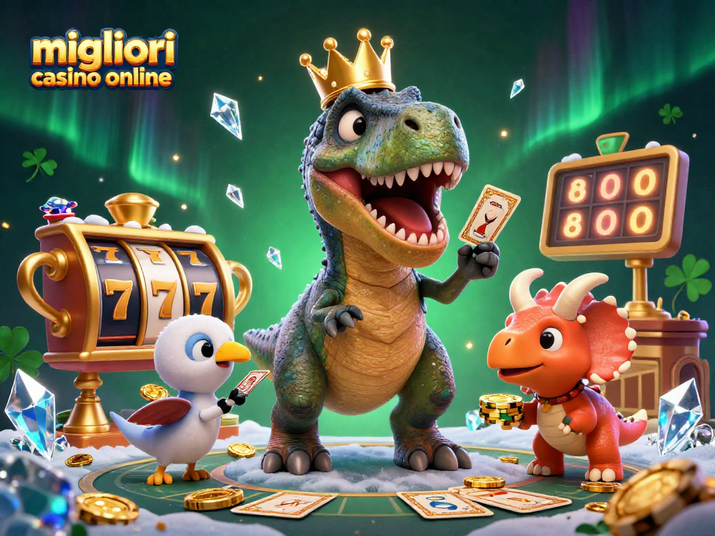 Immagine di un illustrativo di un T-Rex che gioca con le carte nei migliori casino online mentre un triceratopo impila fiches d'oro.