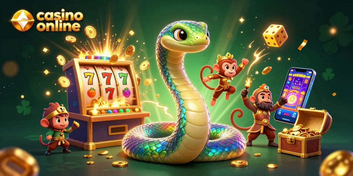 Gioca a casino online: divertente illustrazione di un serpente arcobaleno e un re scimmia dentro un casinò pieno di oro.
