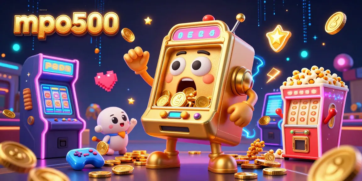 MPO500 slot machine in dynamic scene celebrating jackpot, surrounded by cheering baby slots and arcade elements.
