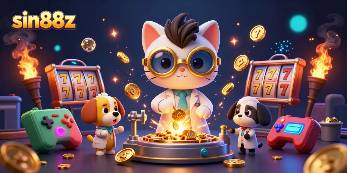Sin88z presents a mad scientist cat and assistant dog in a vibrant casino lab.