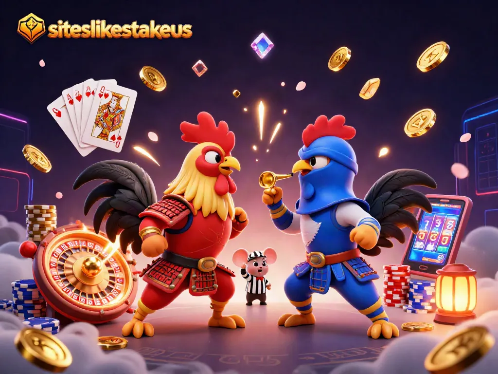 Engage in exciting gameplay with siteslikestakeus featuring epic rooster battles amidst dazzling casino elements.