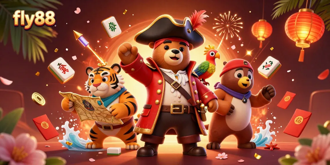 Join the excitement of fly88 with an engaging 3D pirate scene surrounded by treasures in a vibrant casino atmosphere.