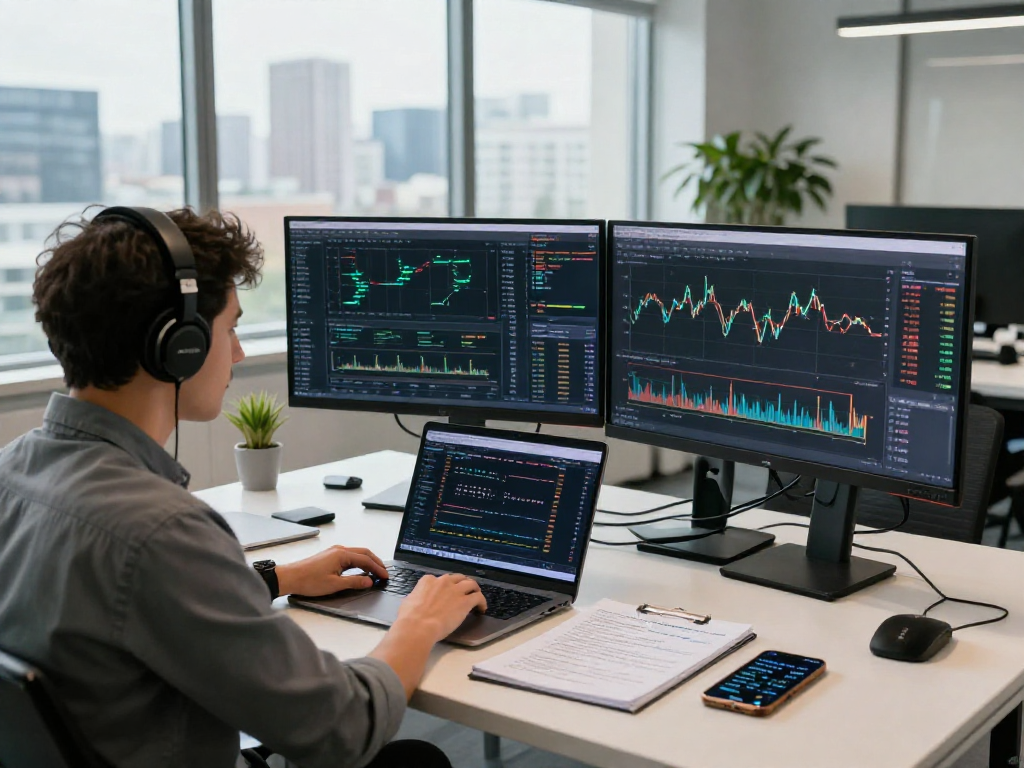 Un trader analizando las tendencias de Immediate Edge en su oficina moderna.