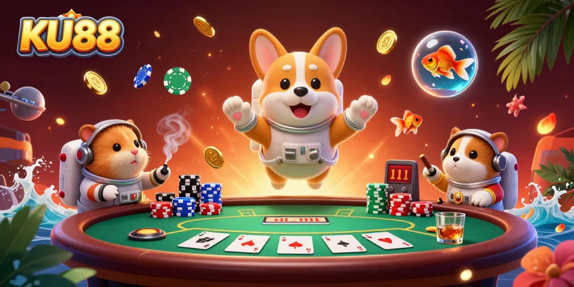 Engage with KU88's casino action featuring a cartoon astronaut corgi in a dynamic space setting.