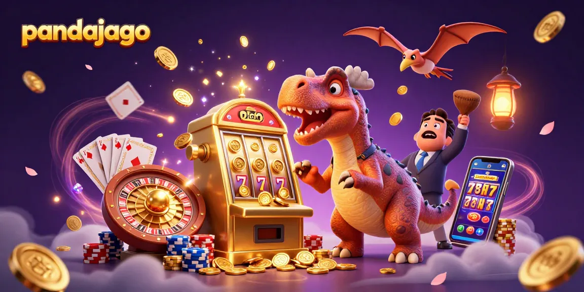 Pandajago menarik koin jackpot saat dinosaur pachycephalosaurus berinteraksi dengan mesin slot emas di kasino.