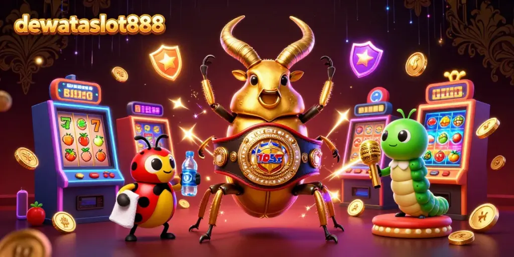 Gambarkan dewataslot888 dalam pertempuran slot dengan karakter unik seperti kumbang kejuaraan dan mesin slot.