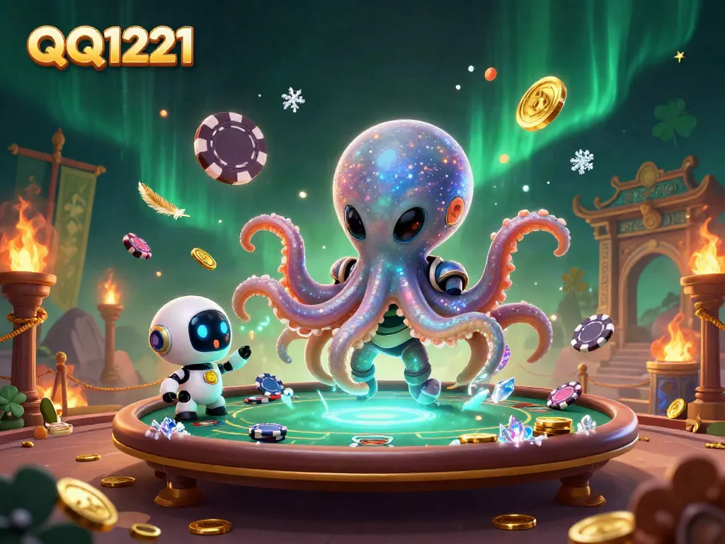 Experience the excitement of QQ1221 as an alien octopus deals cards at a holographic casino table.