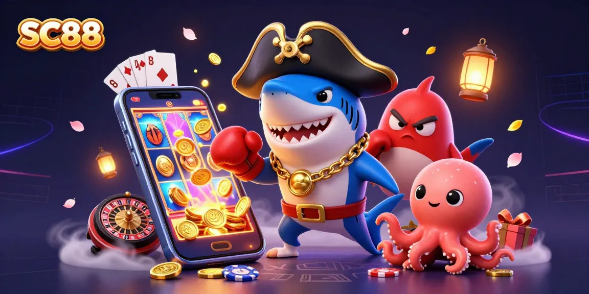 Engage with SC88's thrilling 3D casino scene featuring a shark, pufferfish, and octopus amidst exciting gaming elements.