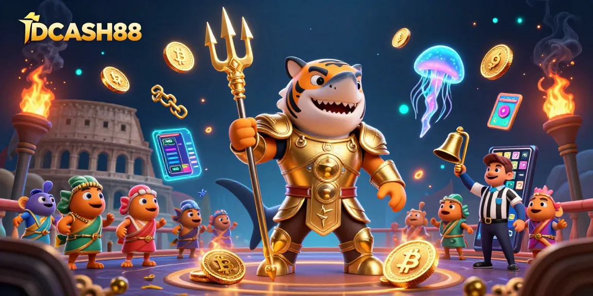 Play exciting games at IDCASH88 with thrilling visuals of slot reels and crypto elements.