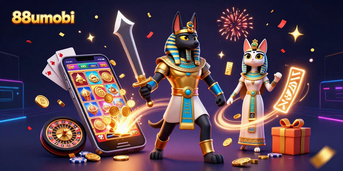 Experience the thrill of gaming with 88uumobi's dynamic casino illustration featuring Anubis and Bastet.