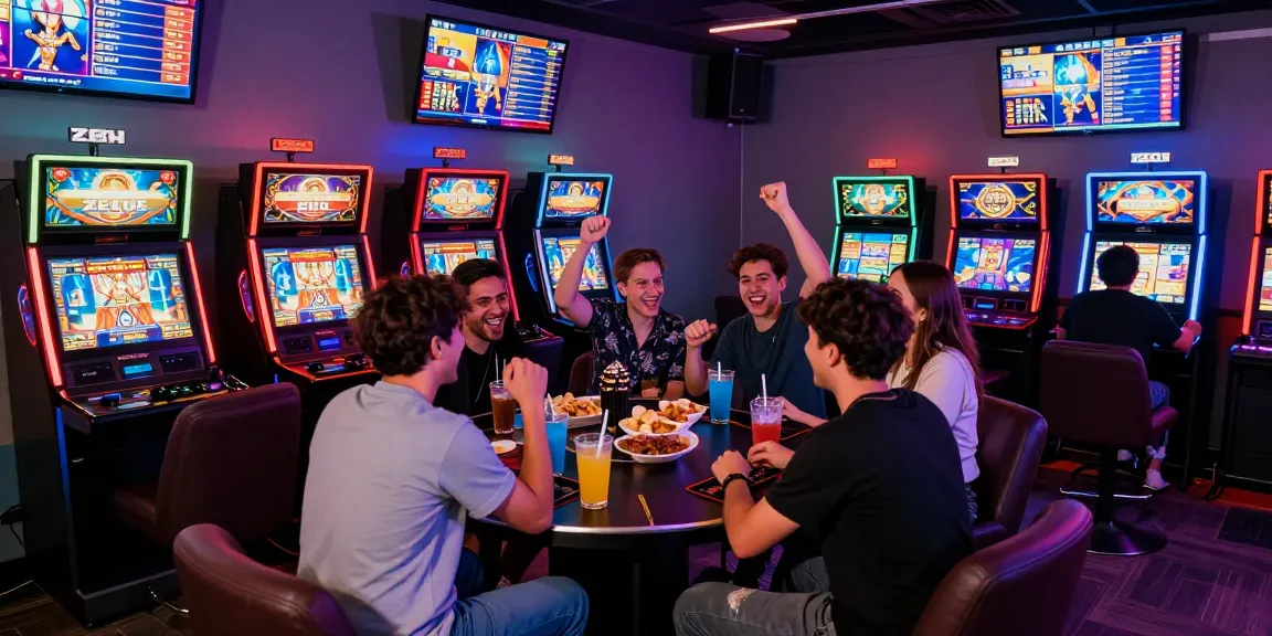 Friends celebrating wins while playing slot zeus games in a vibrant gaming lounge atmosphere.