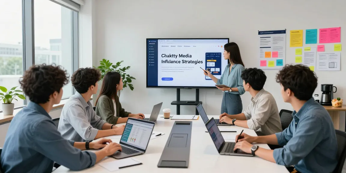 Engaged team of professionals discussing Chaktty Media strategies in a modern office.