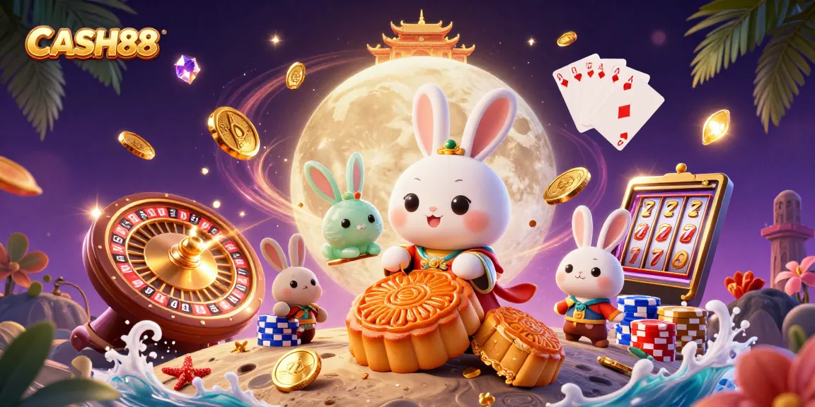 CASH88 brings fortune as a moon rabbit reveals poker chips from mooncakes in an exciting casino illustration