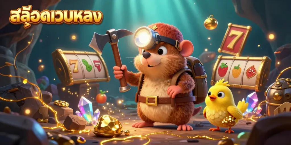 Engage with the thrilling สล็อตเว็บตรง environment featuring a treasure hunter mole in a vibrant scene enriched with gaming symbols.
