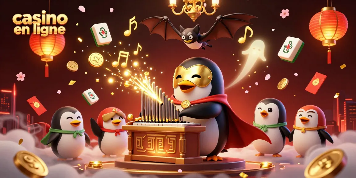 Profitez des jeux de casino en ligne avec un pingouin fantôme jouant une orgue magique.