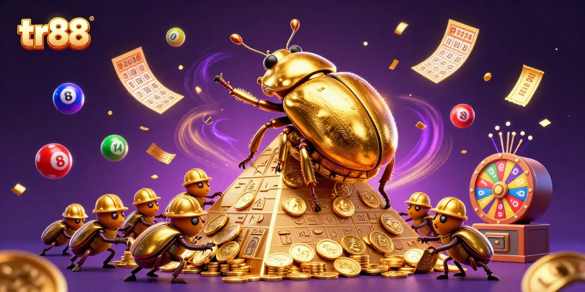 Engage with the tr88 lottery excitement illustrated by a golden beetle and casino elements.
