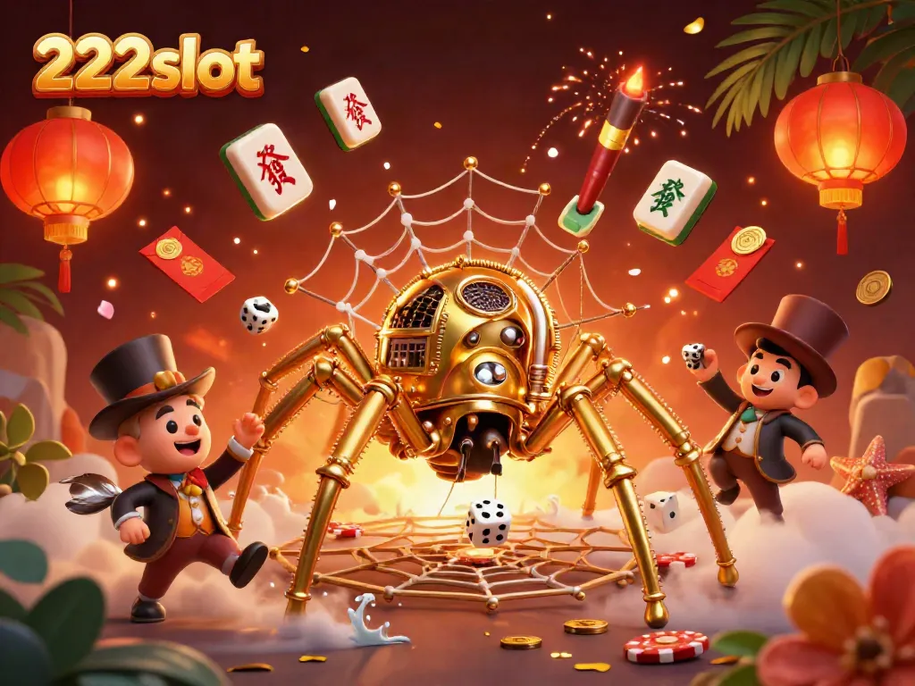 Permainan slot seru di 222slot dengan simbol keberuntungan, dadu, dan perayaan cahaya.