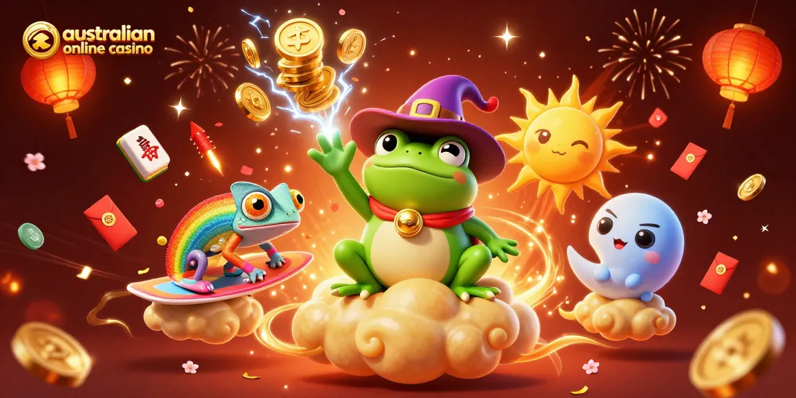 A vibrant scene showcasing a 3D cartoon weather wizard frog and rainbow chameleon amidst golden coins celebrating the australian online casino experience.