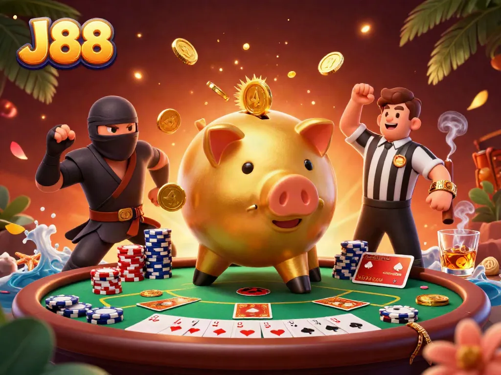 Experience thrilling moments at J88 Casino with a lively 3D illustration of poker action.