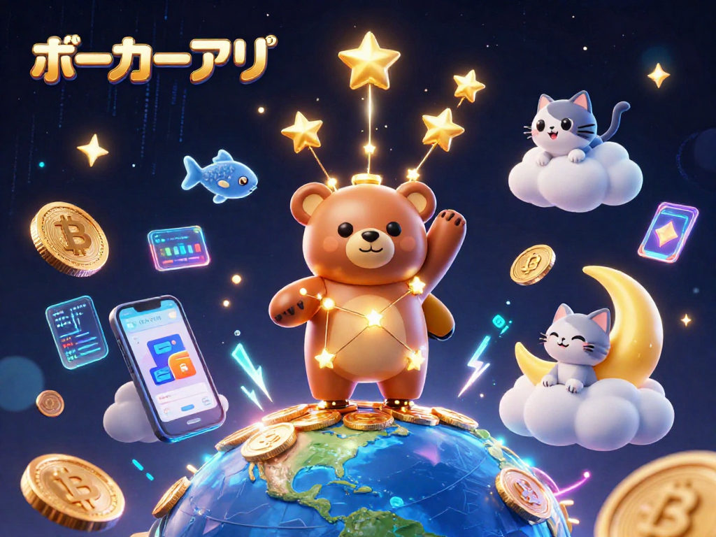 ポーカーアプリを使って楽しむシーンを描いた3Dイラスト。華やかな星のクマがコインをすくい上げる様子。