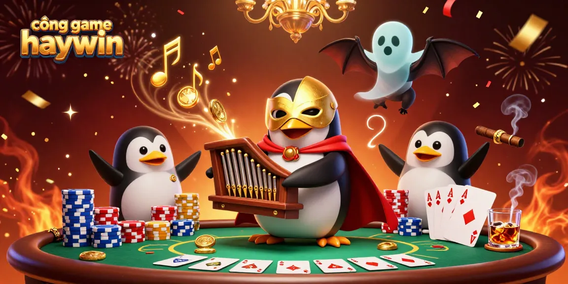 cổng game haywin showcases a vibrant casino scene with a penguin playing an organ, shooting gold coins.