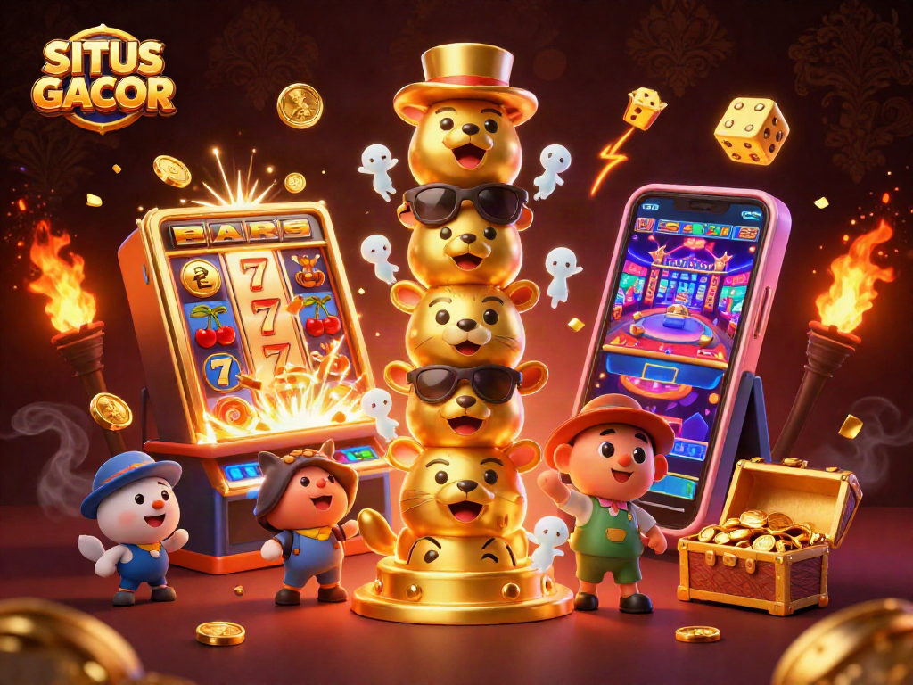 SITUS GACOR showcases a vibrant casino scene with animated characters and dynamic slot machine action.