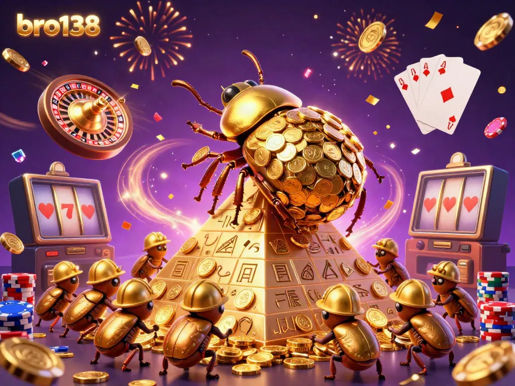 Engage with bro138 in a vibrant casino scene featuring golden beetles and sparkling coins.