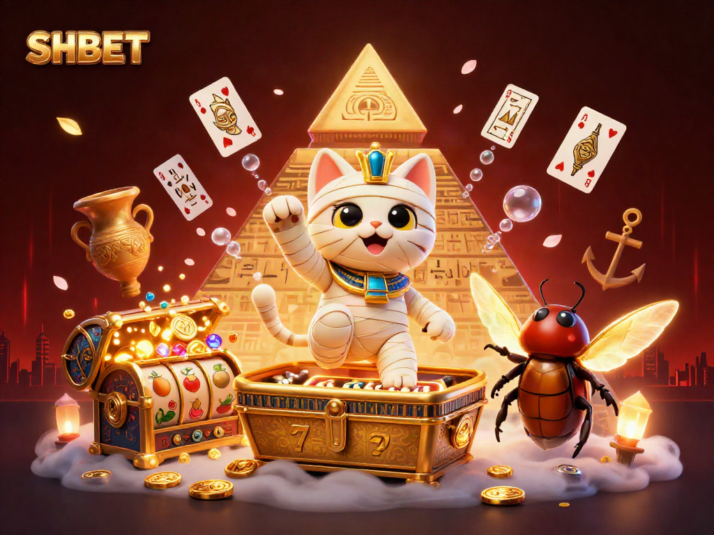 SHBET offers thrilling dynamics with an Egyptian mummy cat and vibrant casino elements.