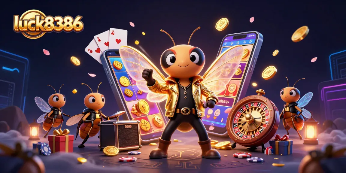 Luck8386 presents a vibrant 3D scene with a cicada rock star and dynamic casino elements.