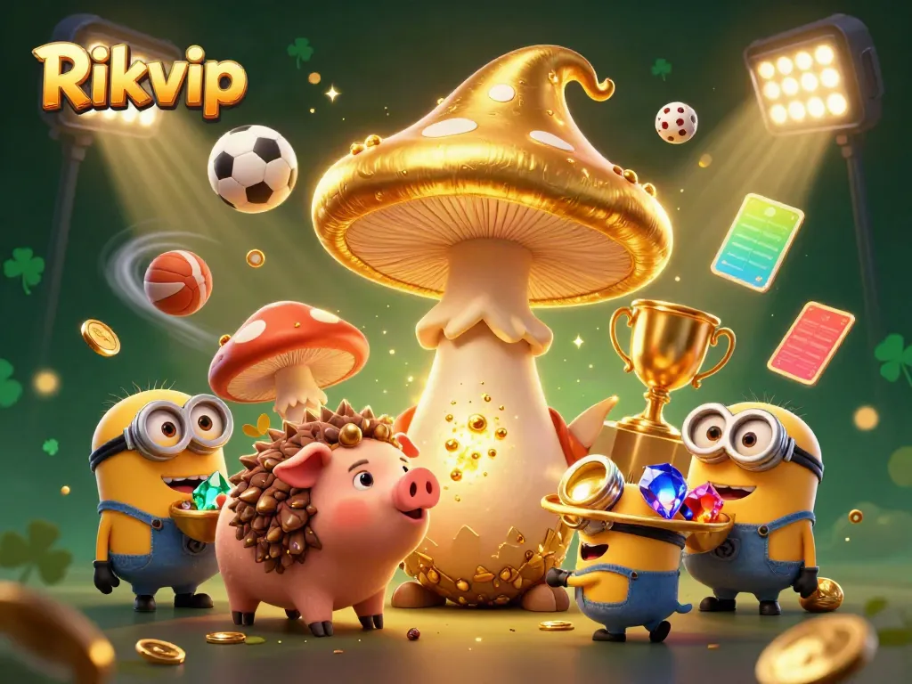 Experience Rikvip's magical golden gaming scene with exciting sports elements and treasures.