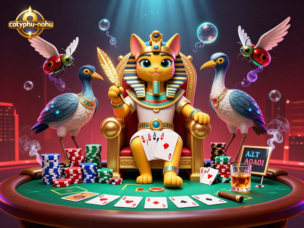 Engage in thrilling poker action with cotyphu-nohu, featuring Egyptian pharaoh cat and vibrant casino elements.