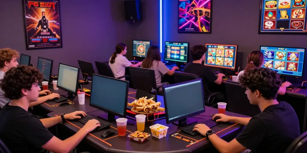 Players immersed in PG SLOT games in a vibrant gaming room.