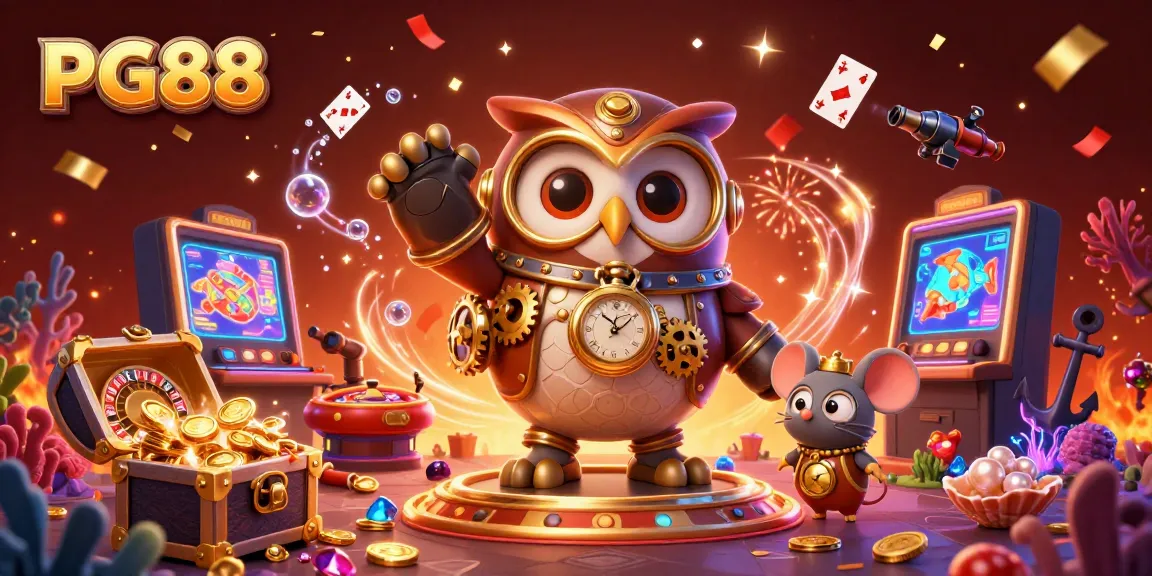 Engage in PG88's vibrant casino action with steampunk owl and holographic elements.