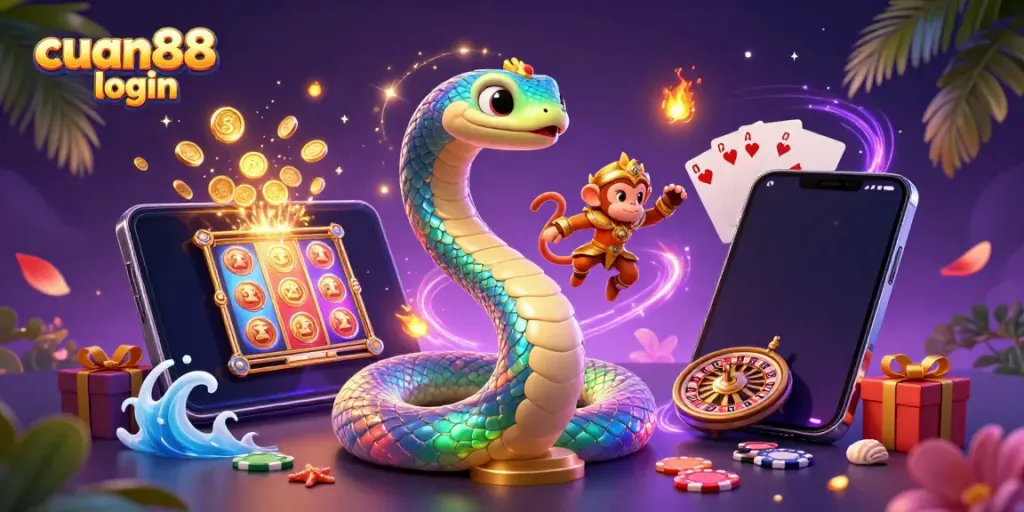Spin to win with cuan88 login featuring a vibrant 3D serpent and monkey surrounded by casino elements.