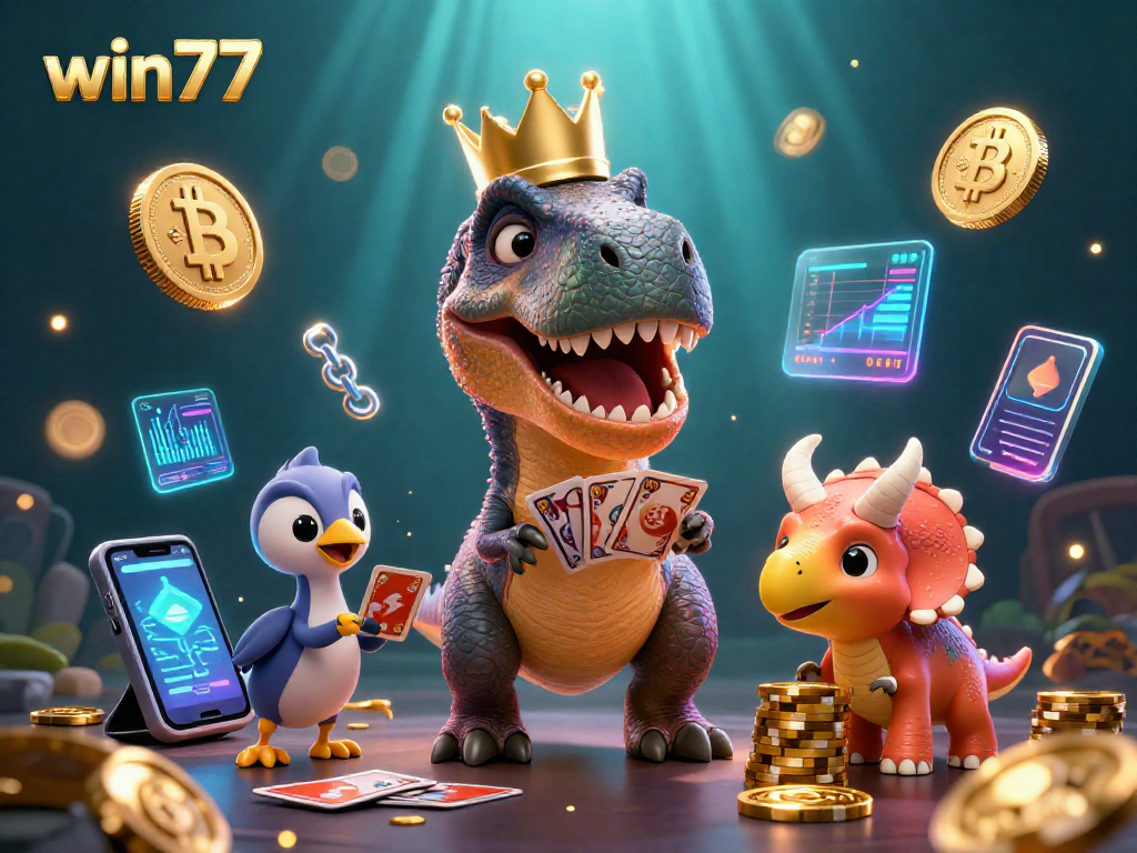 Mari bermain win77 dengan T-Rex lucu, pterodactyl membantu, dan triceratops membongkar chip emas