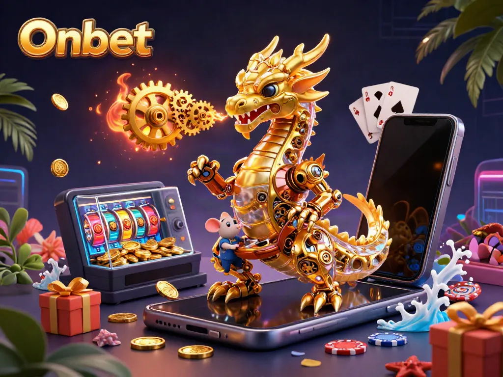 Experience the thrilling gaming world of Onbet with golden dragon, exciting slots, and colorful casino elements.