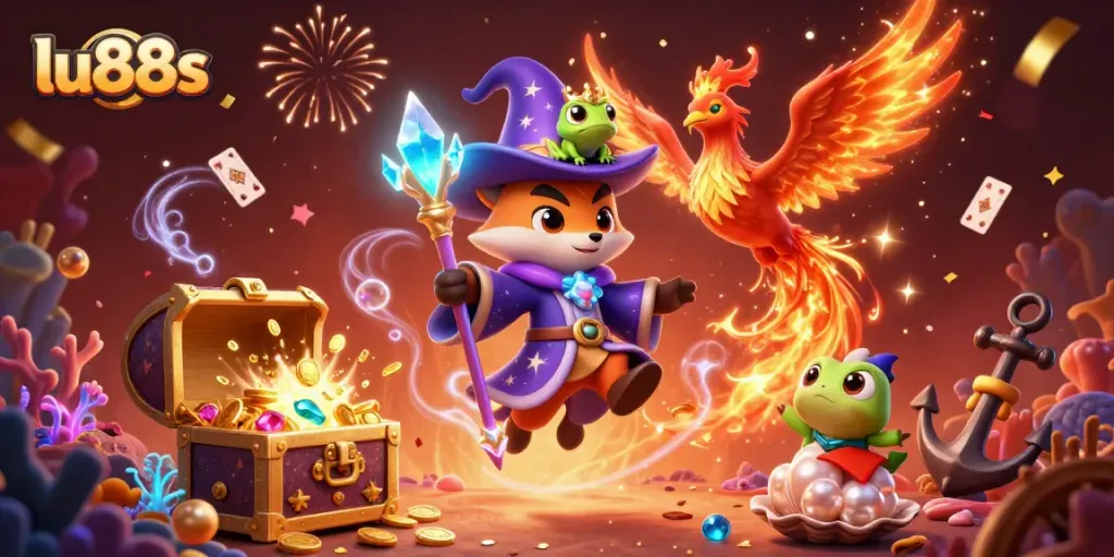 Experience winning spins at lu88s with wizard fox, phoenix, and treasure in a vibrant fantasy casino scene.
