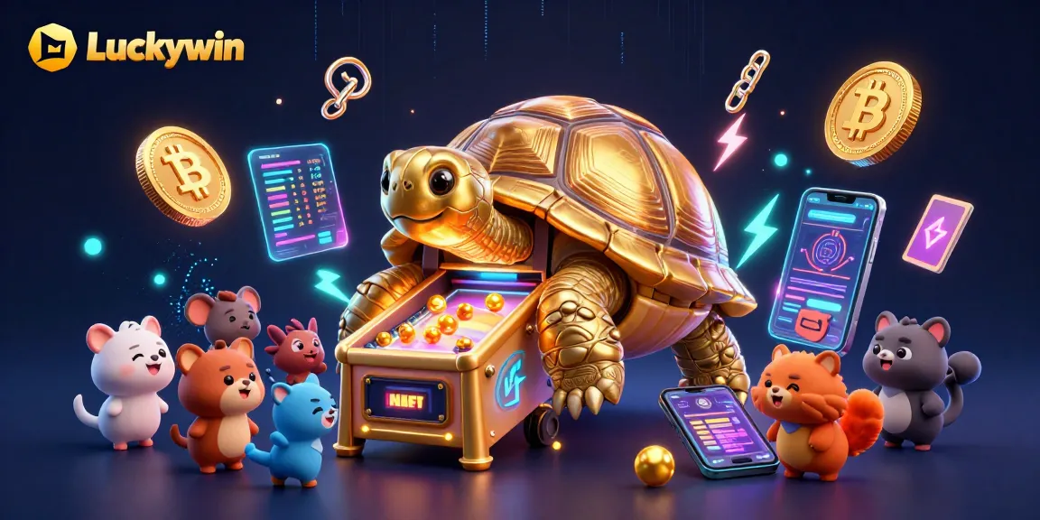 Engage in thrilling gameplay at Luckywin with a vibrant golden tortoise pinball machine amidst glowing crypto elements.