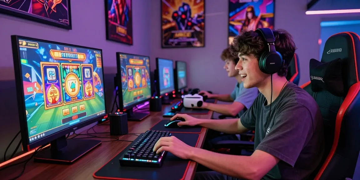 Player immersed in M98 สล๊อตเว็บตรง gaming, colorful graphics and exciting atmosphere.