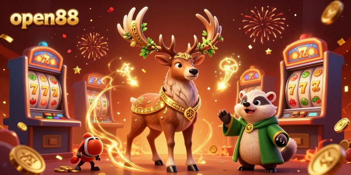 Play slots and win big with open88 amidst a vibrant casino scene featuring a Celtic druid stag.