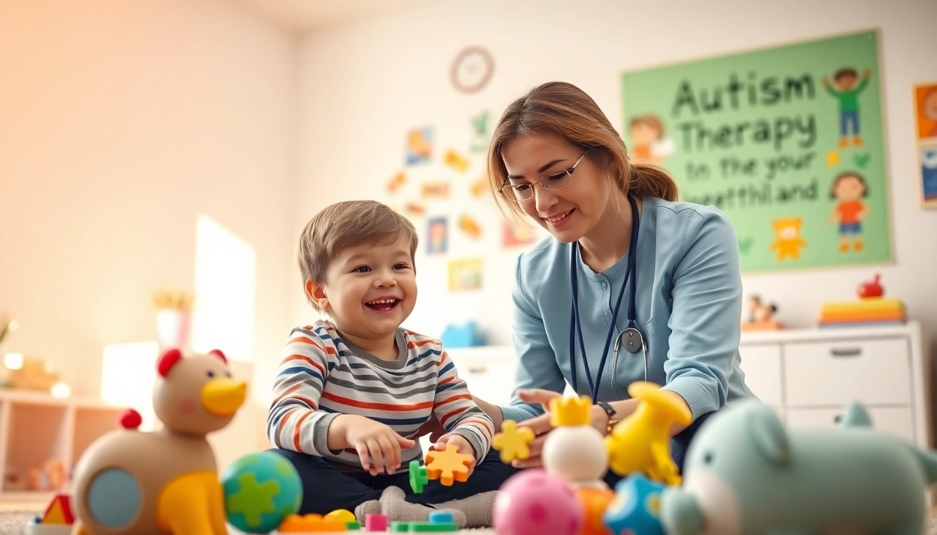 Engaging Autism Therapy session with a therapist and child in a colorful, nurturing environment.