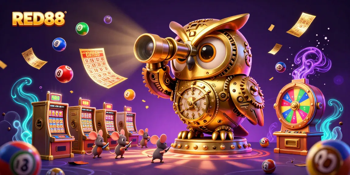 RED88 showcases a lively casino scene with a golden owl and playful mice among electrifying lottery elements.