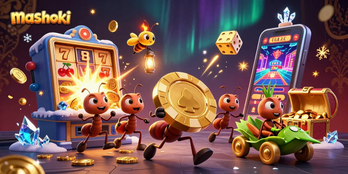 Experience the thrill of mashoki with ants carrying a giant poker chip amidst vibrant casino elements.