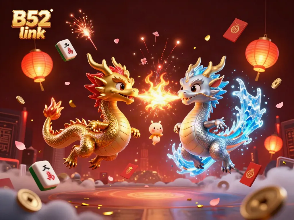Engage with B52 link as golden and silver dragons battle with fire and ice amid vibrant casino elements.