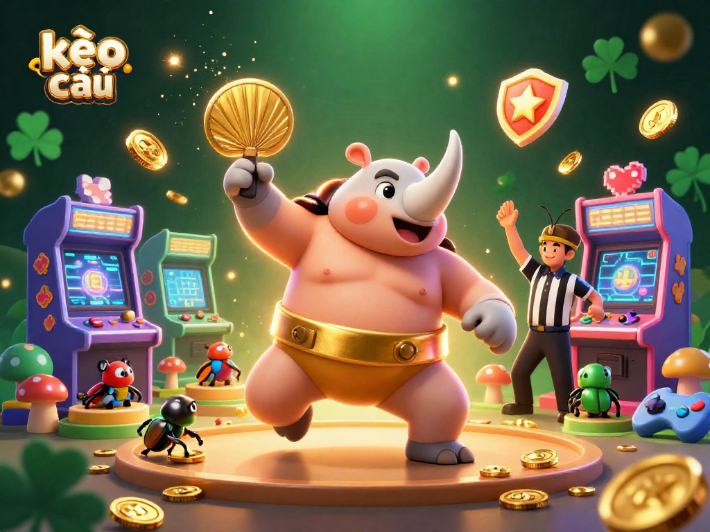 Engage in exciting kèo nhà cái action with a dynamic illustrated scene of a rhinoceros beetle sumo champion amidst glowing game elements.