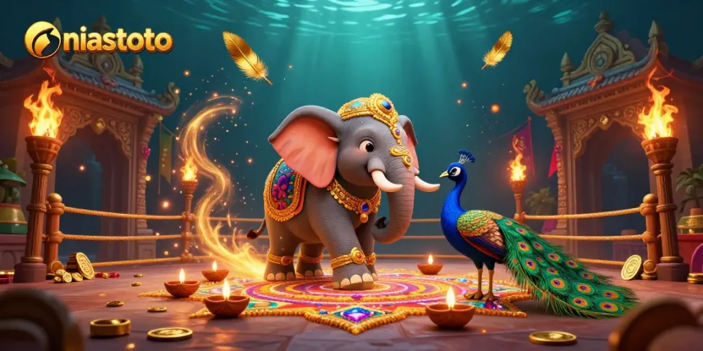Experience niastoto's vibrant casino energy with a Diwali-themed elephant, rich gold elements, and dynamic gambling visuals.